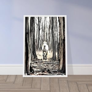 Pony Connemara blanco clásico moviéndose a través de un bosque abstracto. Arte con marco de madera.