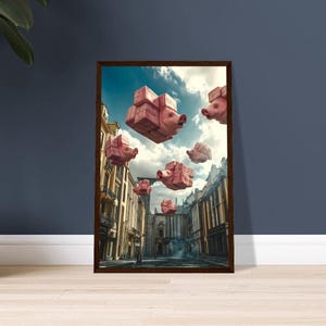 Dali Inspired Flying Pigs Wooden Framed Art | Surrealist Wall Decor | Heavyweight Matte Paper | Ready-to-Hang Gift for Art Lovers
