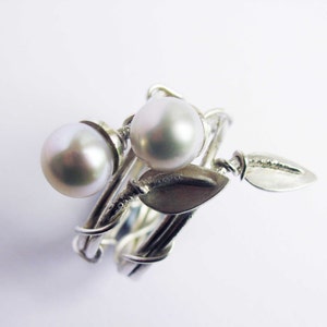 Pearl & Leaf 925 Sterling Silver stacking ring image 4