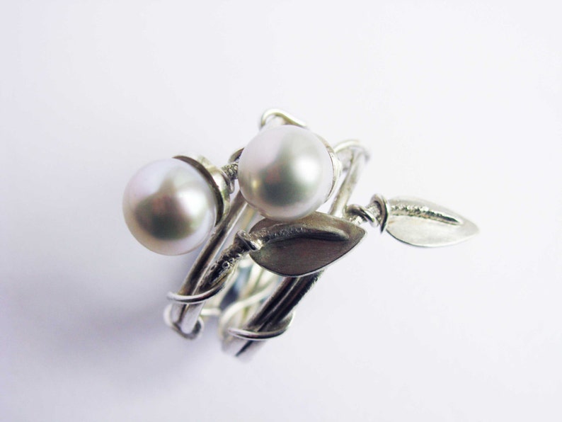 Pearl & Leaf 925 Sterling Silver stacking ring image 4