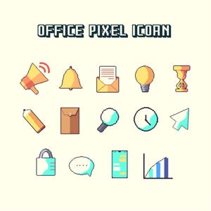 May include: A collection of pixelated office icons, including a megaphone, bell, envelope, lightbulb, hourglass, pencil, folder, magnifying glass, clock, cursor, lock, speech bubble, smartphone, and a bar graph. The text "OFFICE PIXEL ICOAN" is at the top.