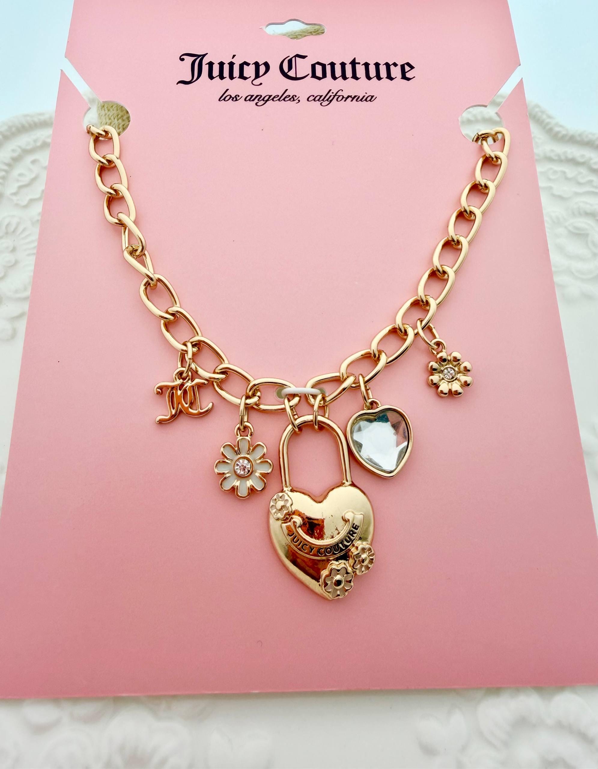 Juicy Couture Charm Necklace - Gold Toggle Chain, Heart Padlock
