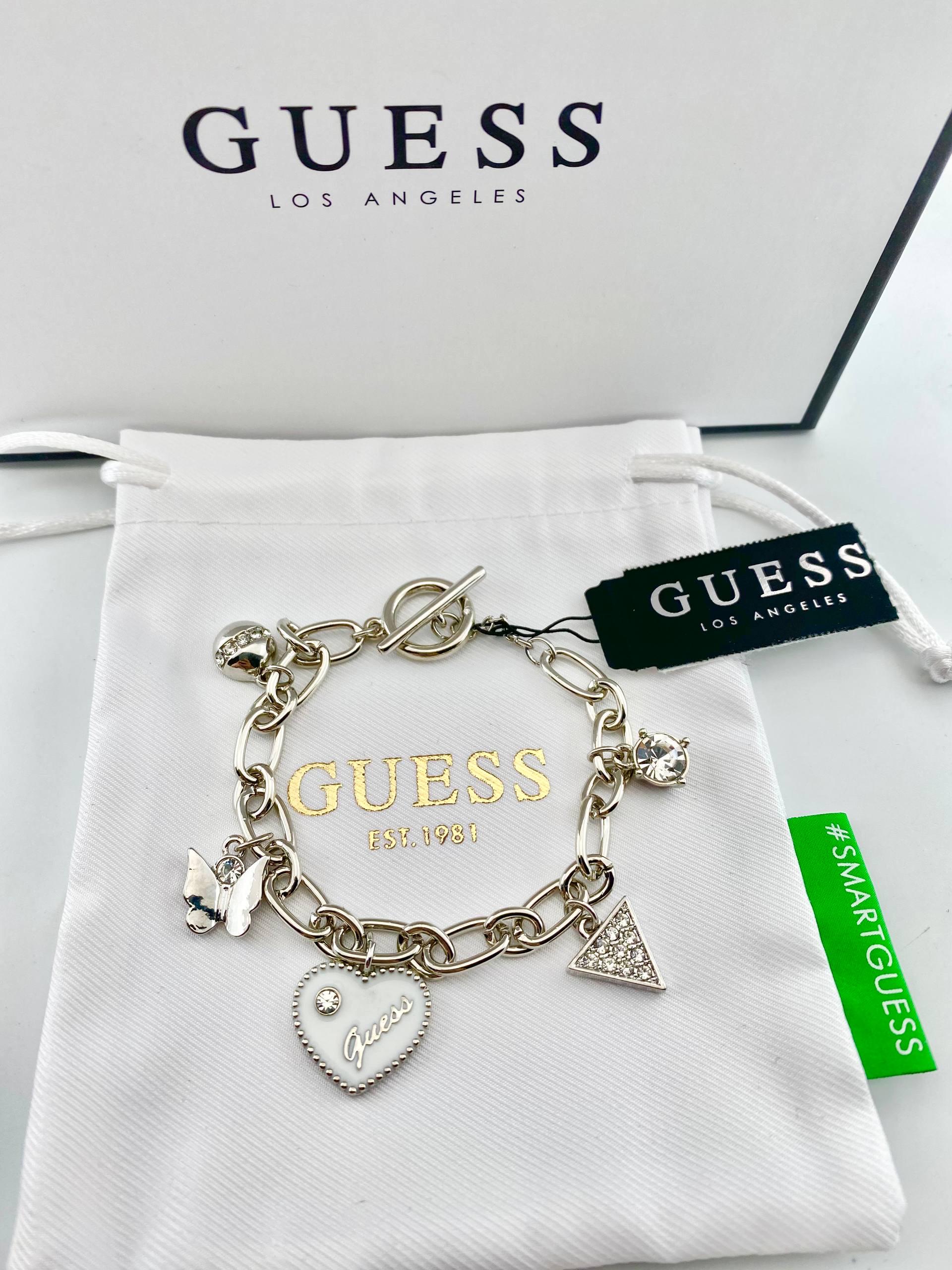 Bracelet GUESS Silver-tone Chain With Crystal Heart & Butterfly 