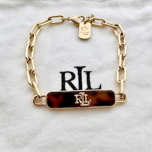 Lauren Ralph Lauren Tortoiseshell Link Bracelet – Gold Tone LRL Logo Pendant