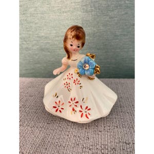 Josef Originals Figurine Girl with Blue Flower Birthstone April Ceramic Japan