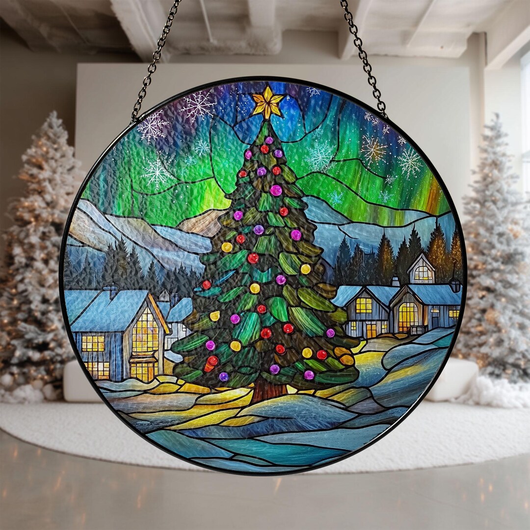 Stained Glass Christmas Tree Suncatcher - Holiday Village Art Panel - Etsy