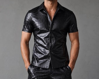 Men's Black Crocodile Embossed Leather Shirt & Shorts Set | Short Sleeve Button-Up Shirt | Luxury Two Piece Set.