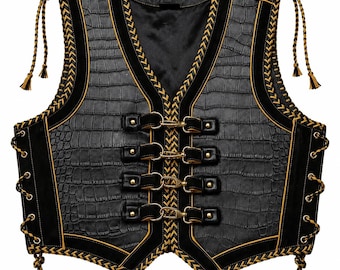 Handgefertigte schwarze Lederweste mit Krokodilprägung, Steampunk-Weste mit gotischer Schnalle