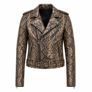 May include: A motorcycle jacket featuring a brown and black snakeskin pattern. The jacket includes a notched lapel, an asymmetrical front zipper closure, two zippered side pockets, one small flap pocket with a snap button, and a buckled belt.