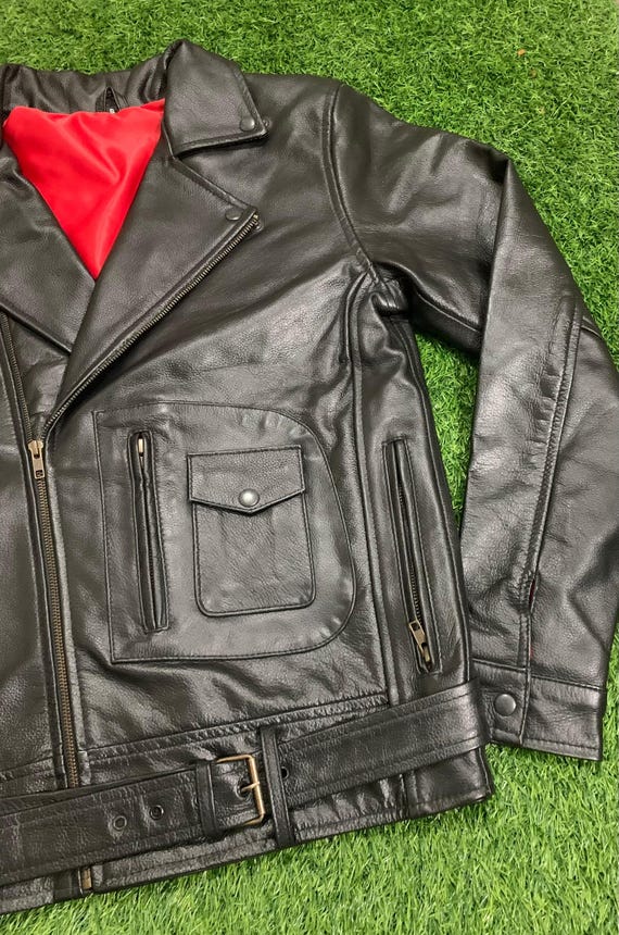 Black Leather Biker Jacket: Asymmetrical Zip, Red Lining, Snap