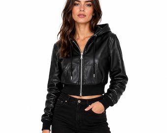 Women's Cropped Leather Hoodie Jacket, Zip-Up Bomber Style, Black Leather Outerwear