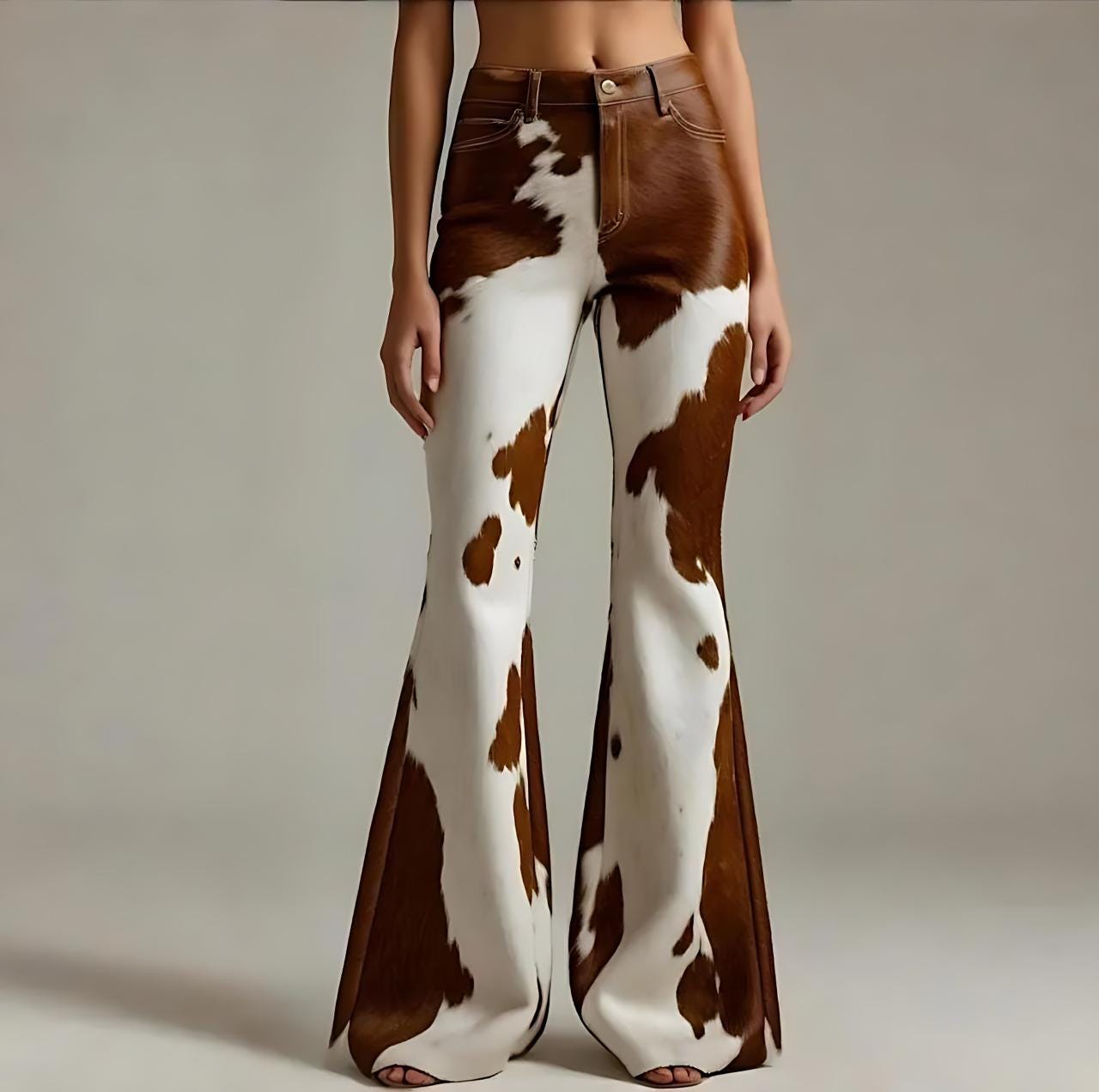 Women's Genuine Hair-On Cowhide Leather Flare Pants Brown & White Western Style Bell Bottom Trousers.