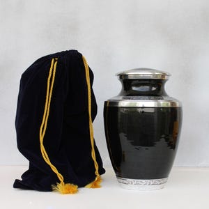 Urn For Human Ashes / Adult Male Female Aluminum Engraved Cremation Casket For Burial / Black And Silver with Valvet Cover