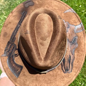Hand-Burned Western Cowboy Hat | Revolver & Steer Skull Design | Custom Rodeo Style