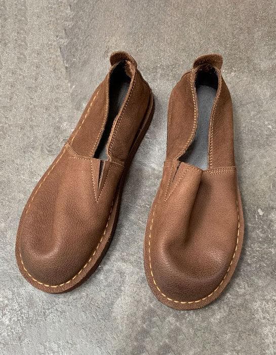 Handgemaakte leren instappers voor heren – retro platte schoenen op blote voeten – comfortabele rustieke minimalistische loafers – natuurlijk bruin