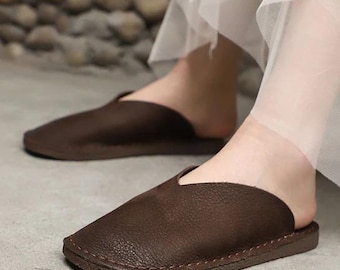 Handgemaakte suède pantoffels, rubberen zool huisschoenen, tan uniseks muiltjes voor binnen echte lederen Turkse loafers gezellig cadeau voor hem of haar