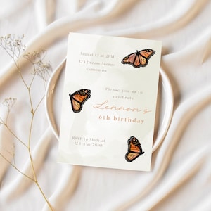 May include: A cream-coloured birthday invitation featuring butterfly illustrations. The invitation includes the text "August 15 at 2PM, 123 Dream Avenue, Edmonton" and "Please join us to celebrate Lennon's 6th birthday". RSVP details are also present.