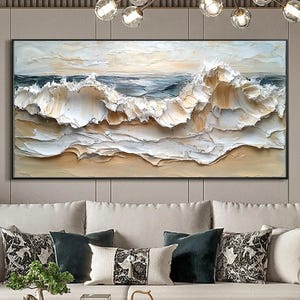 Abstract Ocean Wave Painting on Canvas, Large 3D White Textured Wall Art Minimalist Beige Beach Seascape Painting, Modern Bedroom Wall Decor