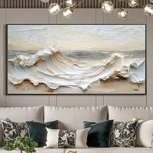 Abstract Ocean Wave Painting on Canvas, Large 3D White Textured Wall Art Minimalist Beige Beach Seascape Painting, Modern Bedroom Wall Decor
