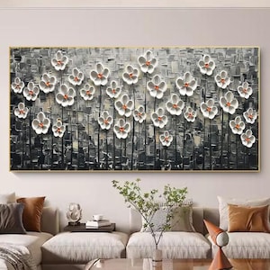 Abstract Flower Oil Painting On Canvas, Large Original 3D White Floral Canvas Wall Art, Thick Texture Wall Art,Modern Living Room Home Decor