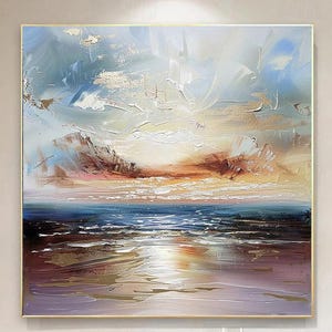 Abstract Sea Sunrise Oil Painting on Canvas Large Original Minimalist Color Ocean Landscape Wall Art Custom Modern Trendy Living Room Decor