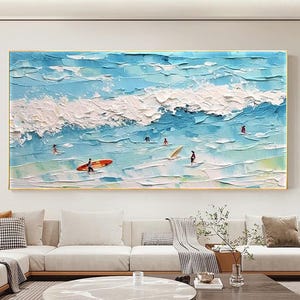 Pintura a óleo abstrata de surfe, ondas do oceano azul originais, arte em tela texturizada, arte de parede personalizada, paisagem marinha do oceano, decoração de casa para natação no verão