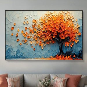 Abstract Tree Oil Painting on Canvas, Large Original 3D Textured Orange Blossom Tree Wall Art Custom Modern Trendy Living Room Home Decor