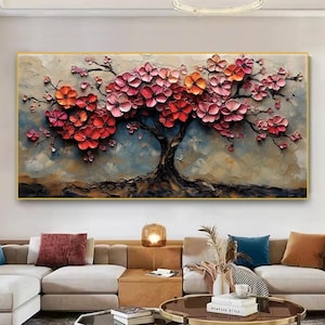 Abstract Blooming Tree Oil Painting On Canvas, Original 3D Textured Red Flower Wall Art,Tree Artwork, Custom Modern Trendy Living Room Decor