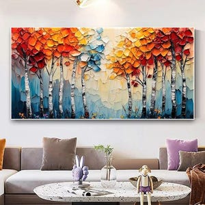 Abstraktes Wald Ölgemälde auf Leinwand, großes handgemaltes Original Landschaftsbild, bunte Baum Strukturierte Wandkunst, Wohnzimmer Dekor