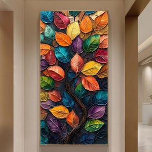 Abstract Leaves Oil Painting on Canvas, Large Original 3D Textured Color Tree of Life Wall Art Custom Modern Trendy Living Room Home Decor