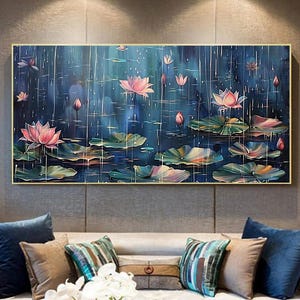 Abstract Pond Landscape Oil Painting on Canvas,Large Original Pink Lotus Flowers and Lily Pads Wall Art,Custom Modern Living Room Home Decor