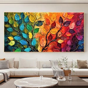 Abstract Leaves Oil Painting on Canvas, Large Original 3D Textured Color Tree of Life Wall Art Custom Modern Trendy Living Room Home Decor