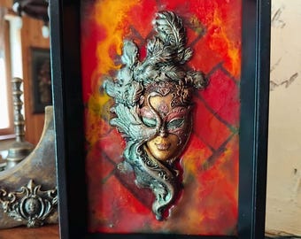 Arte con máscara encáustica: pintura en relieve 3D sobre madera: decoración de pared espiritual para un viaje interior