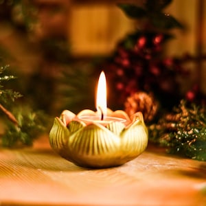 Lotus Candle Holder – Handmade Gold Tealight Holder with Silver Accents, Spiritual Lotus Decor, Meditation Altar Gift