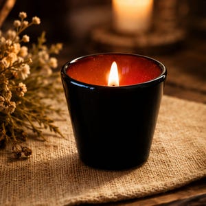 Könnte beinhalten: Eine brennende schwarze Kerze in einem Glasvotiv. Das Innere des Glases leuchtet in einem warmen Orangeton. Die Kerze steht auf einer beigefarbenen Leinenoberfläche, mit getrockneten Blumen und einer weiteren Kerze im Hintergrund.