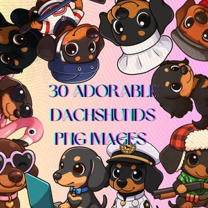 Chibi Dachshund  Sausage Wiener Dog, 30 pcs PNG clipart, Cartoon Puppy Digital Art Sticker,Printable Dog Stickers,Planner Scrapbook Sticker