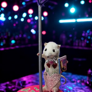 May include: A white rodent figure, adorned with a heart-shaped sequined garment and jewelry, stands on a pink platform scattered with dollar bills. It holds a book and a pole topped with a purple feather. The background features colorful stage lights.
