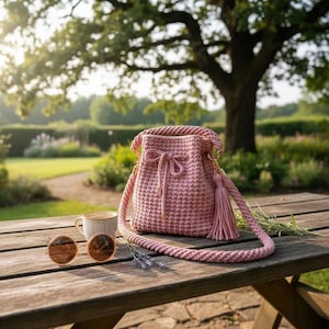 Op de afbeelding: Een roze gehaakte emmer tas met een trekkoordsluiting en een kwast. De tas heeft een gevlochten handvat en een lange schouderriem. Een ronde zonnebril en een kopje koffie liggen op een houten tafel.