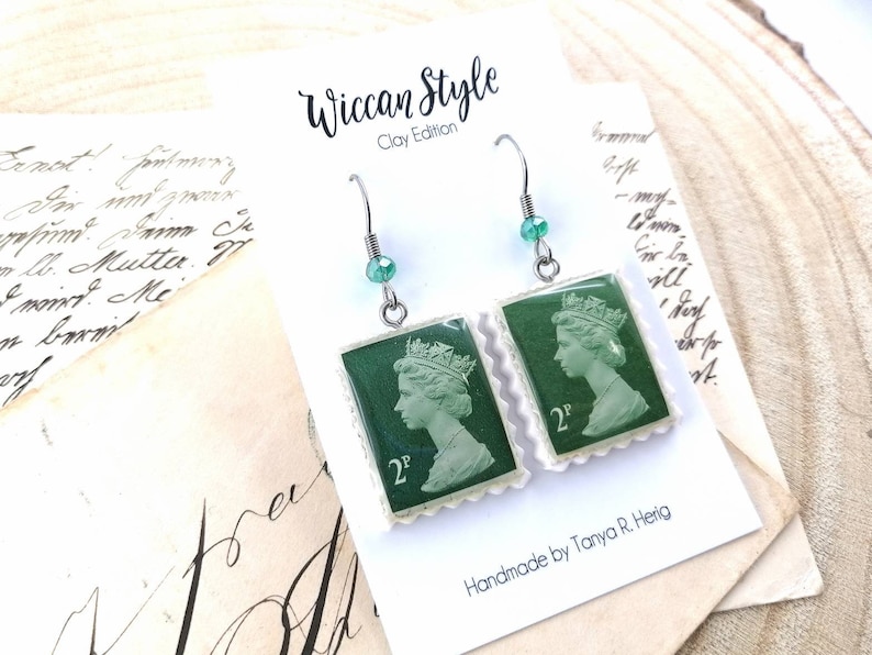 Authentic Old UK Stamp Dark Green 2p Polymer Clay Earrings