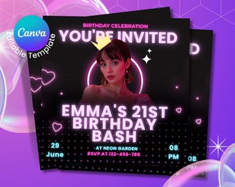 Könnte beinhalten: Mehrere Geburtstagseinladungen mit schwarzem Hintergrund und neonrosa Text. Die Einladung lautet "You're Invited" und "Emma's 21st Birthday Bash". Eine Frau mit einer Krone befindet sich in der Mitte. Das Canva-Logo befindet sich oben links.