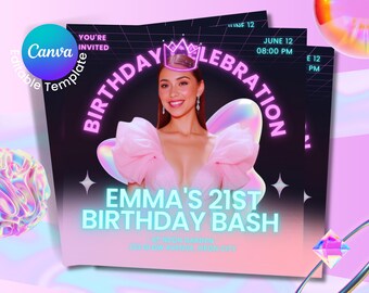 Könnte beinhalten: Eine Canva-Vorlage für eine Geburtstagseinladung. Das Design zeigt eine Frau in einem rosa Kleid mit dem Text "EMMA'S 21ST BIRTHDAY BASH". Die Einladung hat einen Farbverlaufshintergrund mit Neontext und einer Krone.