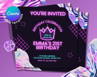 Könnte beinhalten: Ein Stapel Geburtstagseinladungen mit Neon-Thema. Die schwarzen Karten zeigen rosa Text mit der Aufschrift "You're Invited" und "Emma's 21st Birthday". Das Design umfasst eine Krone, Sterne und geometrische Formen. Das Canva-Logo ist sichtbar.