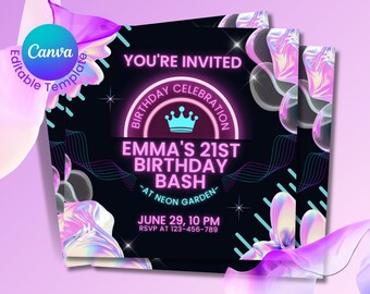 Könnte beinhalten: Ein Stapel schwarzer Geburtstagseinladungen mit einem neonrosa und blauen Design. Auf den Einladungen steht "You're Invited" und "Emma's 21st Birthday Bash". Datum und RSVP-Informationen sind ebenfalls enthalten.