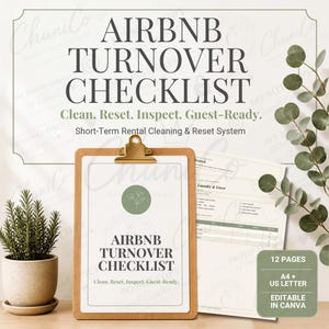 以下が含まれることがあります： A4およびUSレターサイズの12ページで構成されるAirbnbターンオーバーチェックリストのデジタルテンプレートセット。ランドリーや在庫補充のセクションが含まれており、AIRBNB TURNOVER CHECKLISTおよびClean. Reset. Inspect. Guest-Readyというテキストが記載されています。