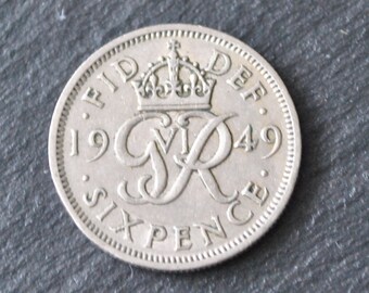 Vintage 1949 Six pence coin - Lucky - Wedding - Sixpence