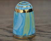 Vintage china thimble - Bouchet agateware - Blue - Green