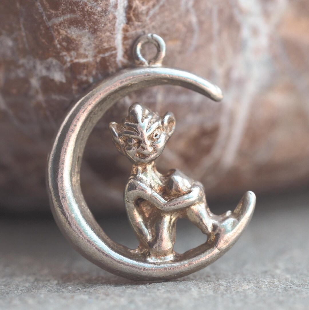Pixie or Imp Sitting on the Moon Vintage Silver Charm or Pendant - Etsy ...