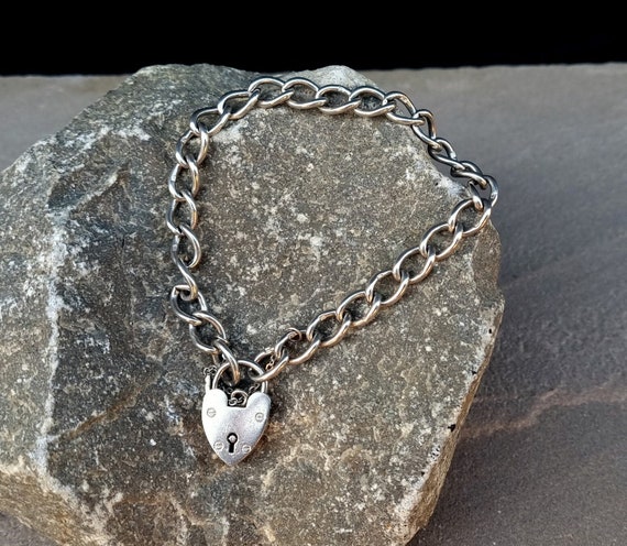 Bracelet Vintage En Argent Sterling 925 - Charms HMK - 18 Cm, 24.7g - Fermoir Coeur - Très Bon état