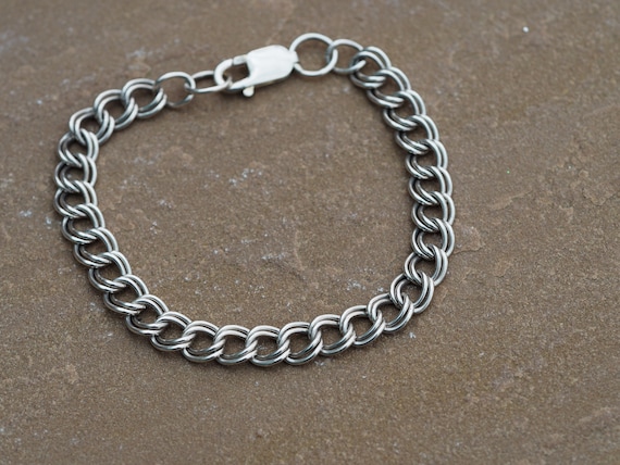 Vintage Silver Charm Bracelet Chain Double Link Heavy Chunky 