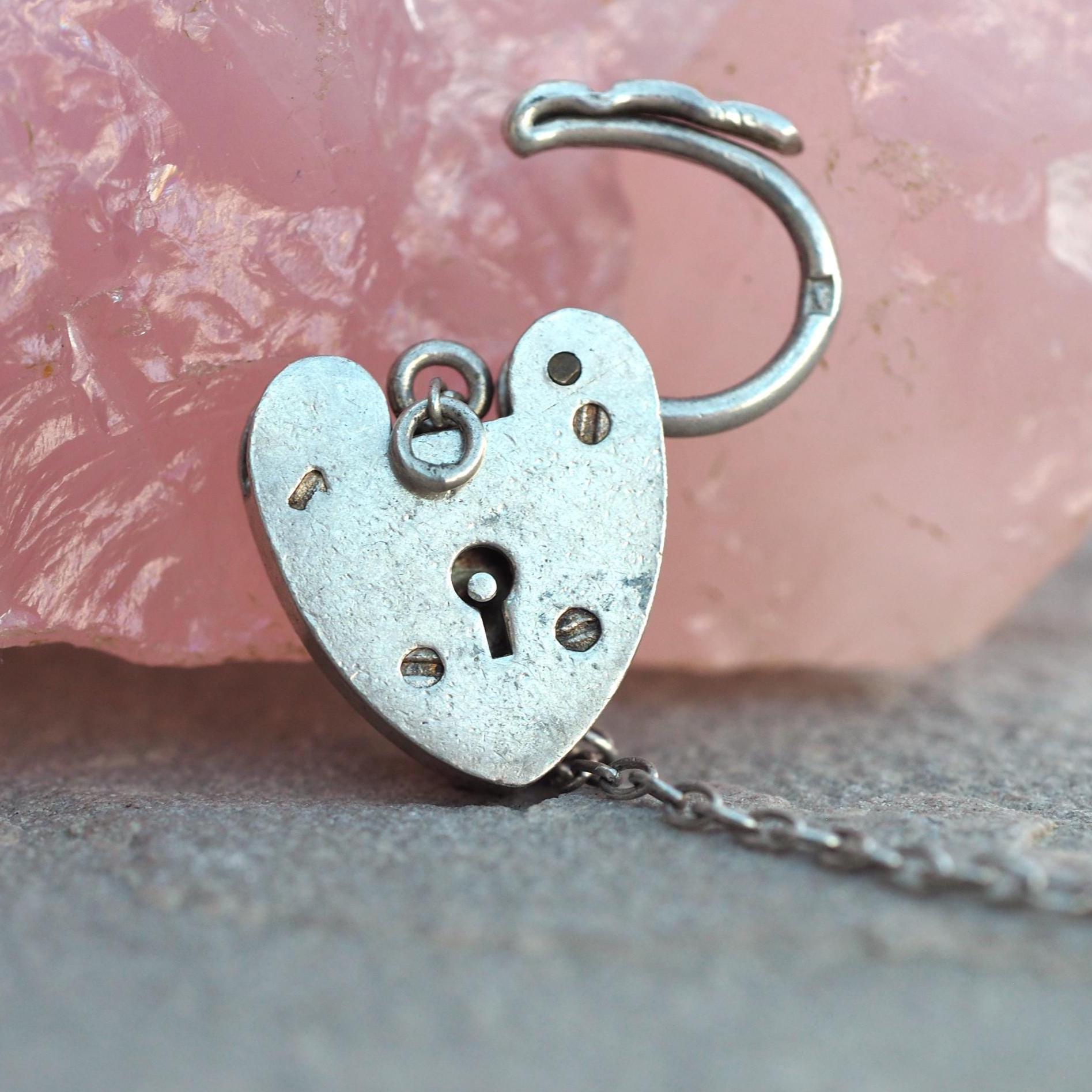 1958 Silver Charm Bracelet Clasp Closing Padlock With Safety Chain